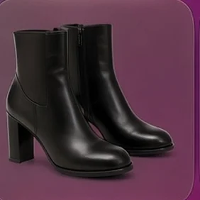 A pair of black heeled ankle boots, on their tile in the Klosyt