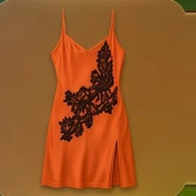 An orange slip dress with black lace, on its tile in the Klosyt