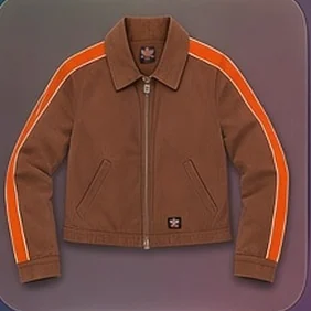 A brown zip jacket with an orange sleeve stripe, on its tile in the Klosyt