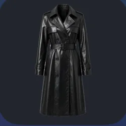 A black leather trench coat with a belt