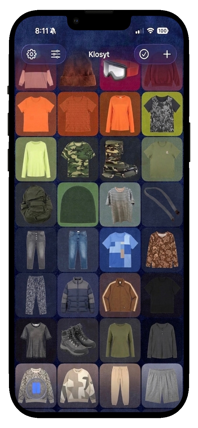 Klosyt tab showing wardrobe items organized by color