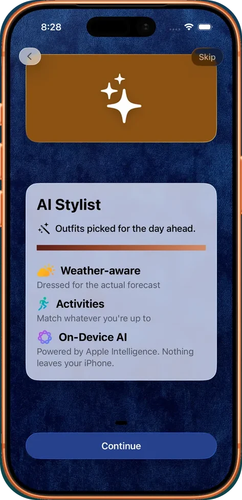Outfits picked for your day — weather-aware AI Stylist powered by on-device Apple Intelligence