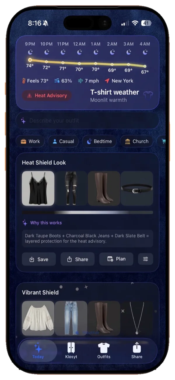 Klosyt Today screen with weather forecast, dress advice, and an AI outfit suggestion