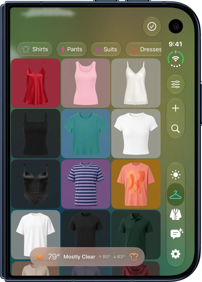 Klosyt's closet on the outer display of a closed iPhone Duo: a grid of closet items under category filter chips