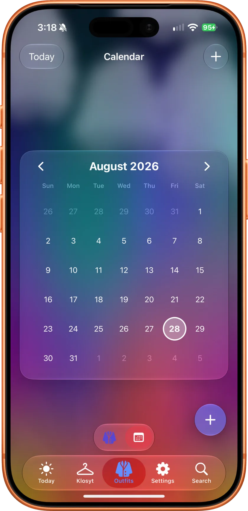 Kalenderen i fanen Antrekk på iPhone, august 2026 med dagens dato ringet inn
