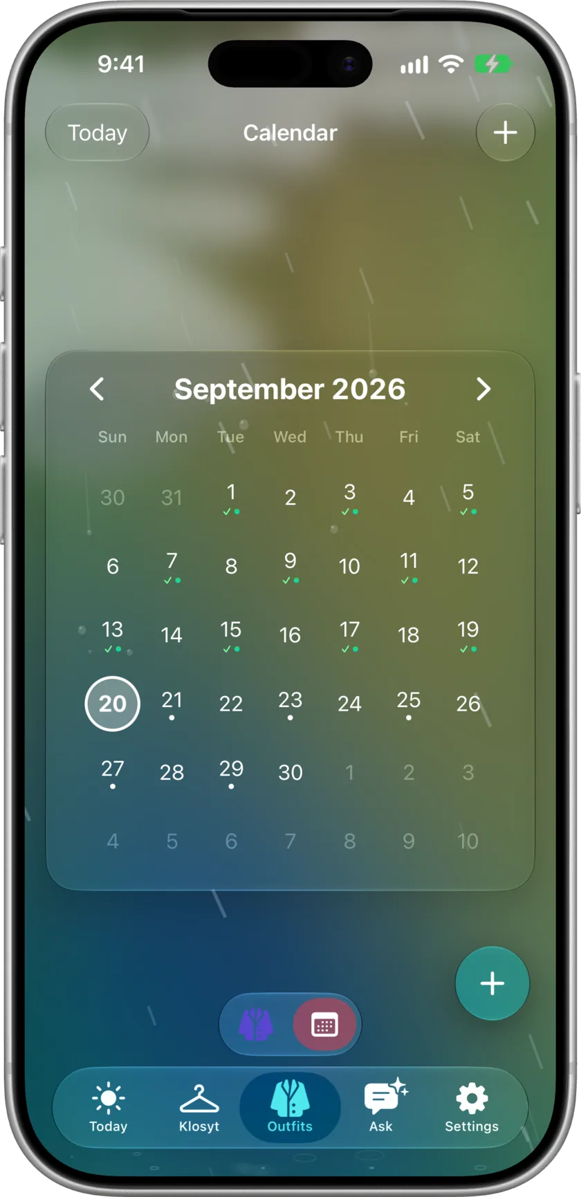 לוח השנה של הלשונית „תלבושות“ ב-iPhone: החודש הנוכחי עם היום מסומן בעיגול