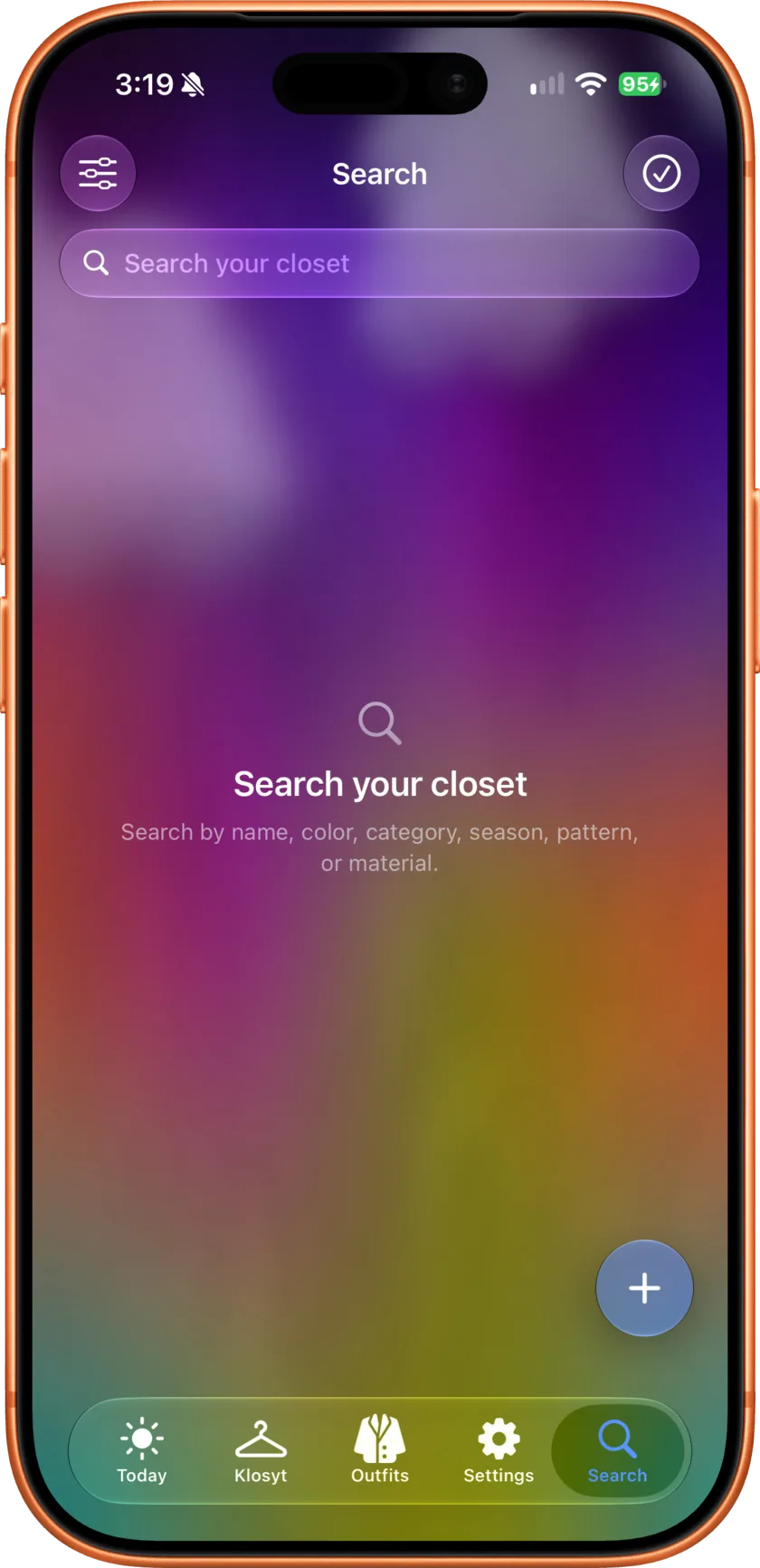 Fanen Søk på iPhone: søk i klesskapet etter navn, farge, kategori, sesong, mønster eller materiale